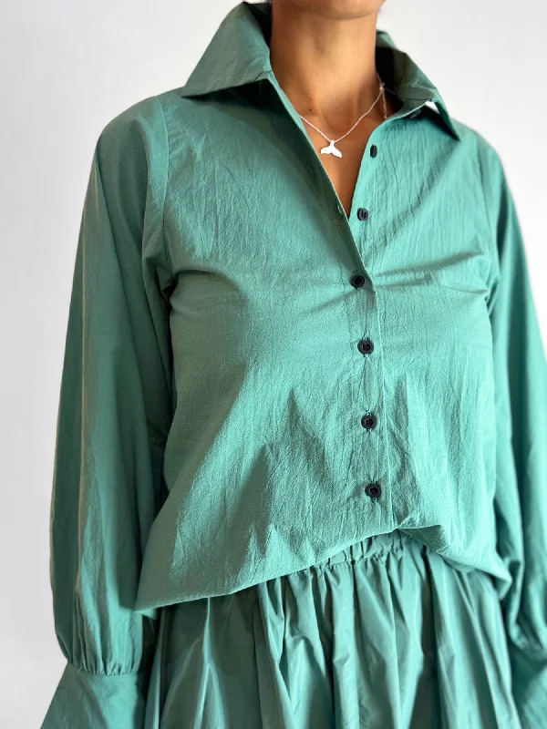 Teal Green Cotton Shirt Trendy Tie-Front Short Shirt