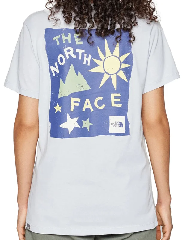 The North Face Womens Suns and Stars Relaxed T Shirt Dusty Periwinkle Cave Blue Comfortable Pocket Short Shirt The North Face Womens Suns and Stars Relaxed T Shirt Dusty Periwinkle Cave Blue Comfortable Pocket Short Shirt