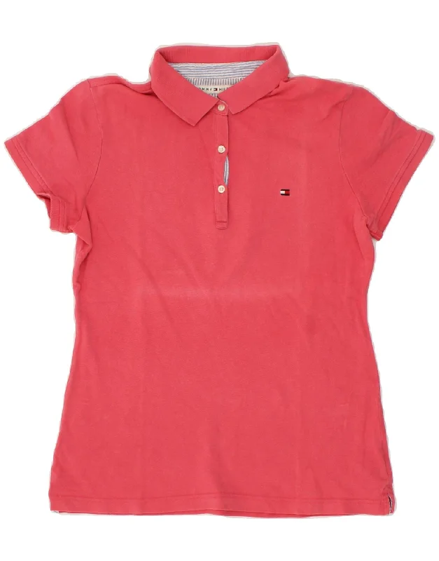 TOMMY HILFIGER Womens Polo Shirt UK 14 Large Pink Cotton Stylish Crew Neck Shirt