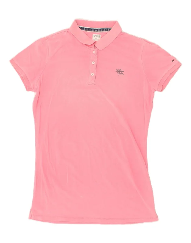 TOMMY HILFIGER Womens Polo Shirt UK 14 Large Pink Cotton Fashionable Rounded Short Shirt