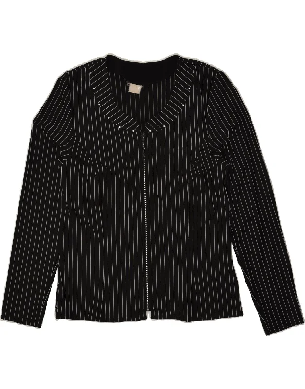 VINTAGE Womens Shirt Blouse UK12 Medium Black Pinstripe Stylish Striped Short Sleeve