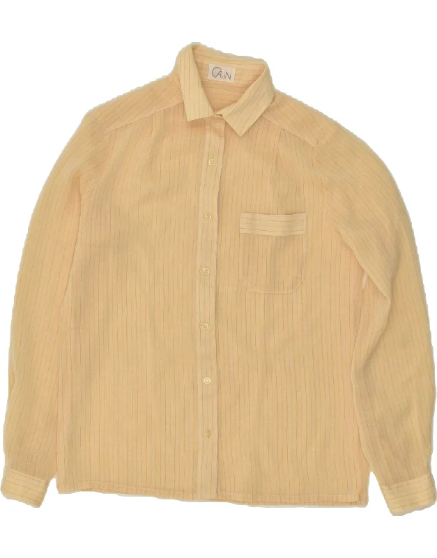 VINTAGE Womens Shirt EU 36 Small Beige Pinstripe Polyester Fashionable Rounded Short Shirt