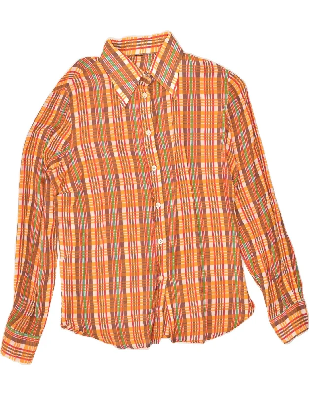 VINTAGE Womens Shirt UK 16 Large Orange Check Cozy Striped Short Sleeve