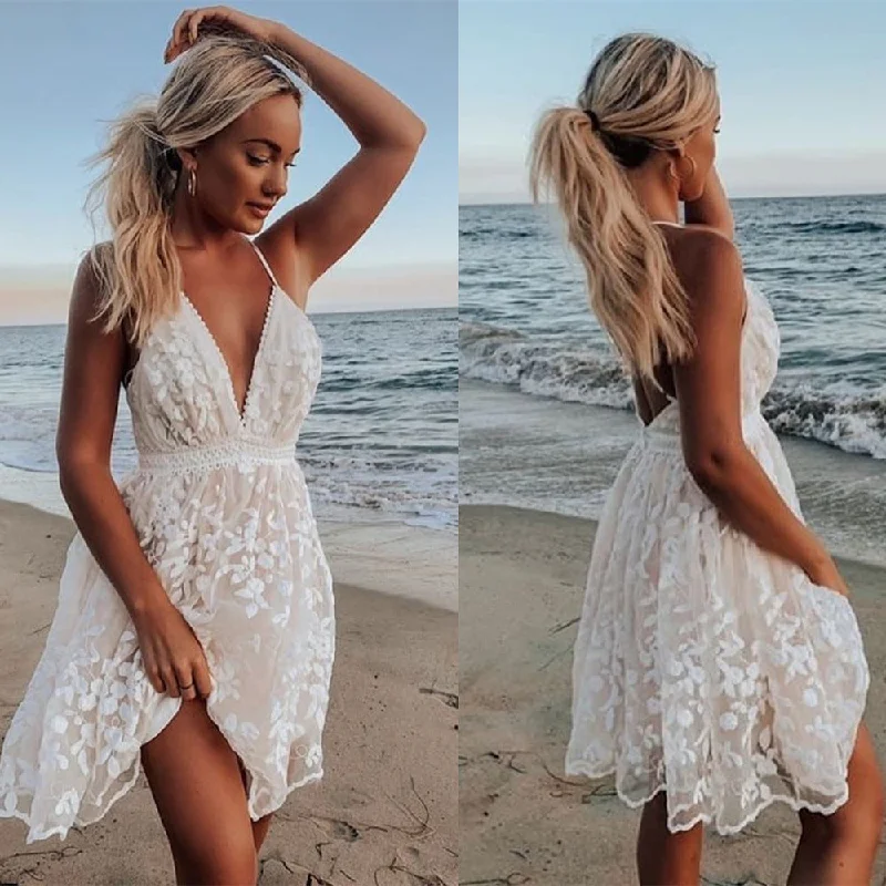 TastyHottie - White solid Backless   Lace Mini dress Fashionable Mini Dress with Frills