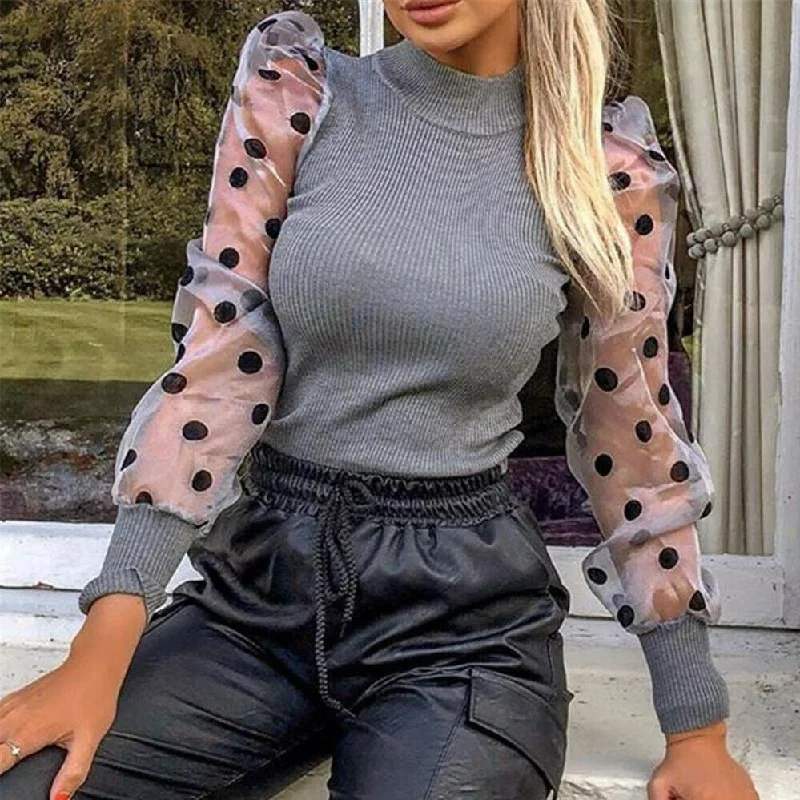 Women Autumn Mesh Puff Long Sleeve Ribbed Knitted Shirt Loose Casual Polka Dots Blouse Tops Elegant Turtleneck Party Clubwear Elegant Off-Shoulder Short Shirt