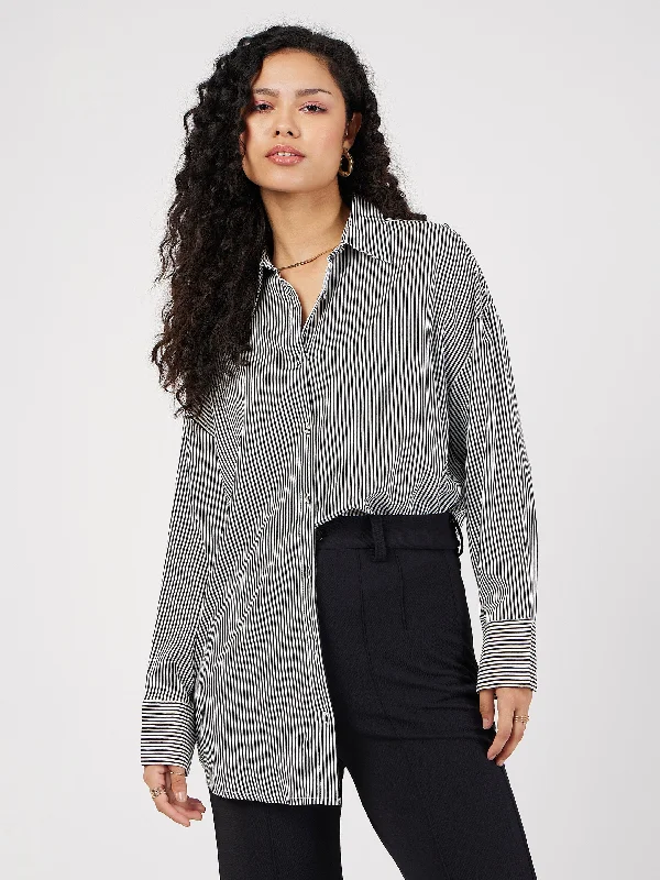 Women Black & White Pinstriped Oversize Shirt Stylish Short Sleeve Top