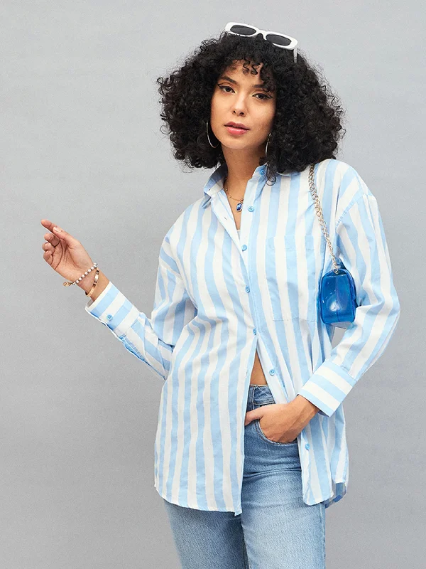 Women Blue & White Cotton Striped Oversized Shirt Casual Ruffle Short Shirt