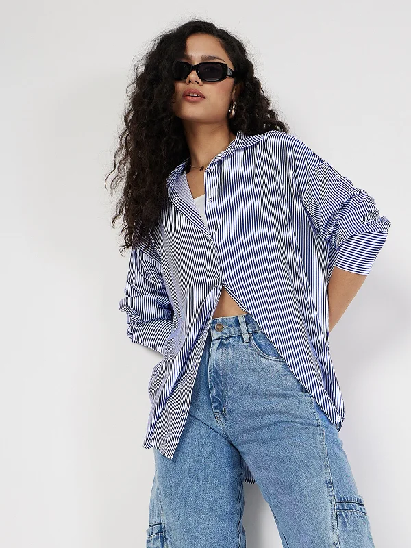 Women Blue & White Pinstriped Oversize Shirt Relaxed Button-Down Short Shirt