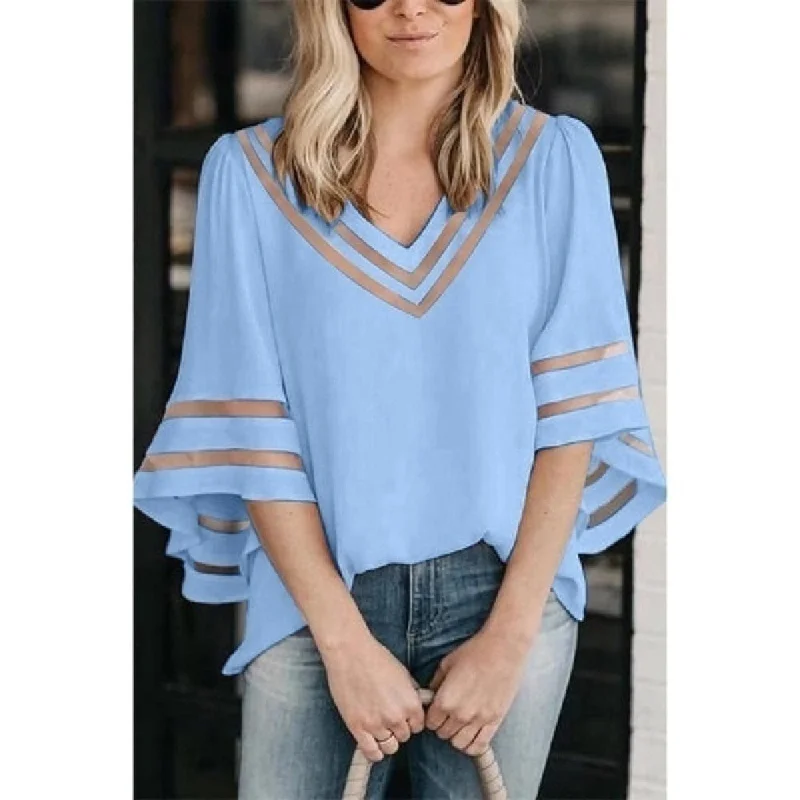 Women Chiffon Tops Fashion Loose Half Sleeve Mesh Top Cool Shirts Casual Lady V-Neck Blouse Women Classic Basic Short Shirt