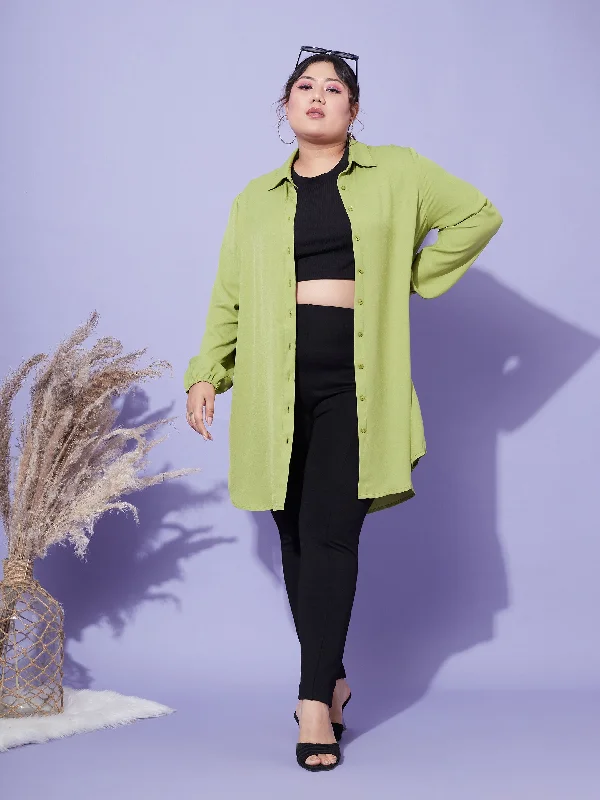 Women Green Longline Shirt Fashionable Draped Short Sleeve