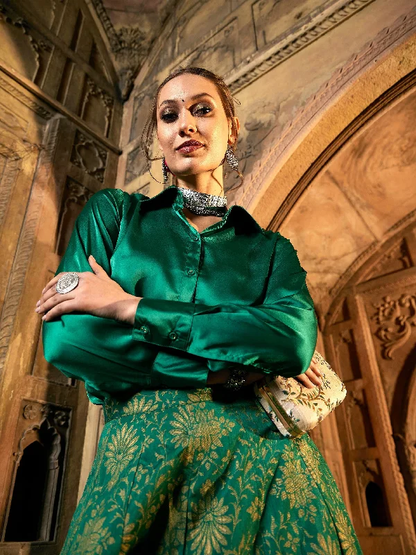 Women Green Satin Regular Shirt Trendy Floral Print Tee