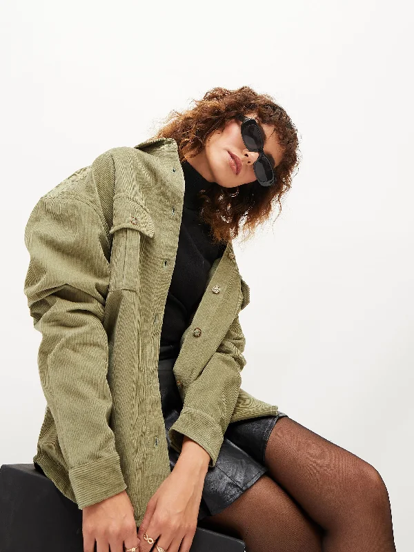 Women Olive Corduroy Oversized Shirt Relaxed Cotton Short Shirt