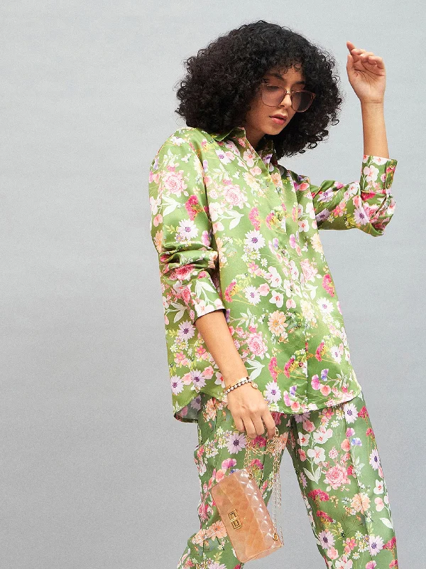 Women Olive Satin Floral Oversized Shirt Relaxed Short Sleeve Tee