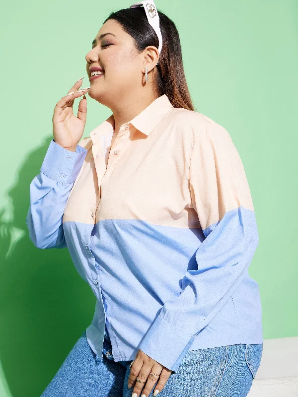 Women Peach & Blue ColourBlock Shirt Trendy Button-Front Short Sleeve