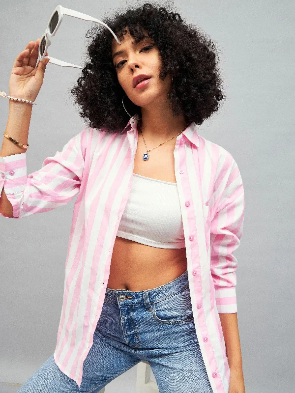 Women Pink & White Cotton Striped Oversized Shirt Elegant Lace Short Sleeve