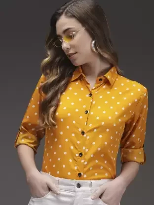 Women Polka Print Casual Yellow, White Shirt Chic Button-Up Short Shirt