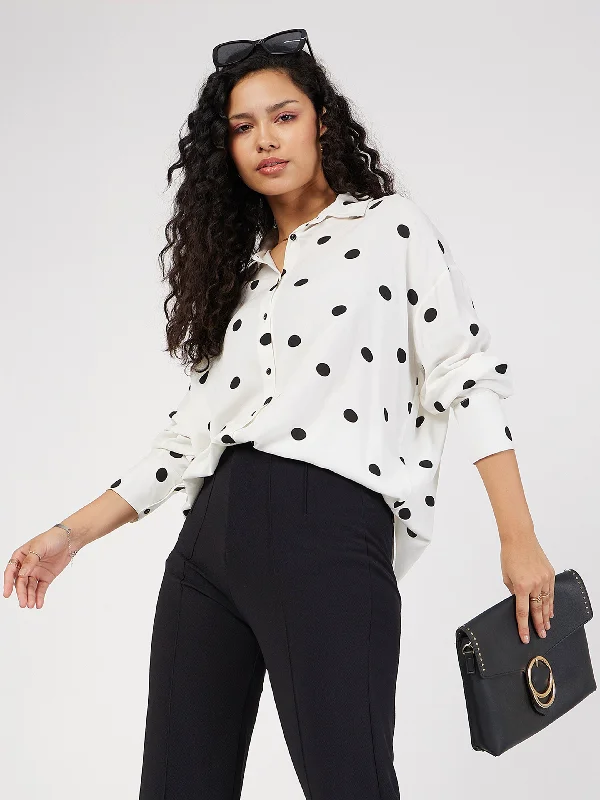 Women White & Black Polka Dot Oversize Shirt Modern Fit Short Sleeve