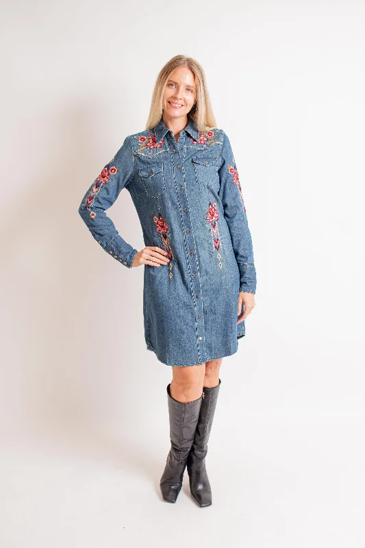 Dark Denim Midi Dress w/ Embroidery Stylish Midi Dress with Cuffs