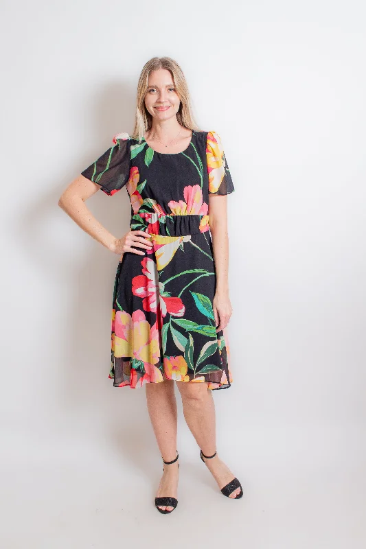 Black & Floral Midi Dress Trendy Shift Midi Dress