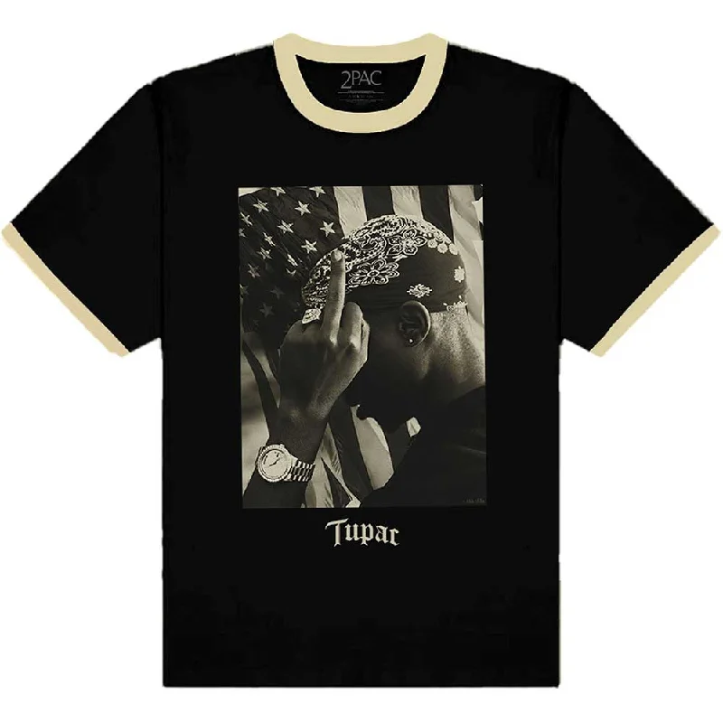 Tupac | Official Band T-Shirt | Flag Photo (Ringer) Cashmere Blend Cotton Blend Poly Blend