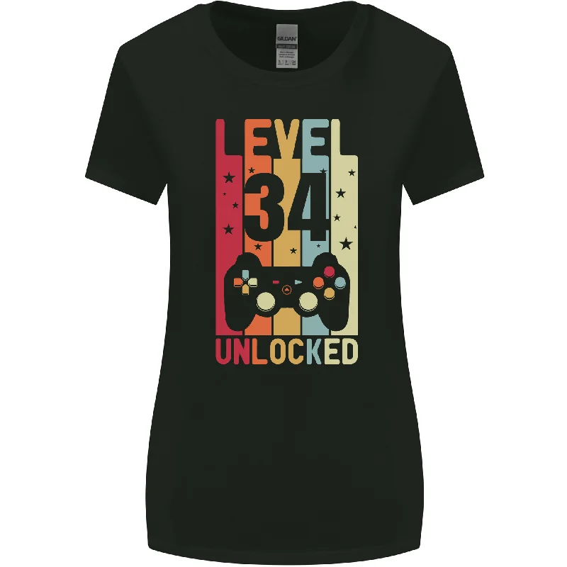 34th Birthday 34 Year Old Level Up Gaming Womens Wider Cut T-Shirt Print Jacquard Patchwork