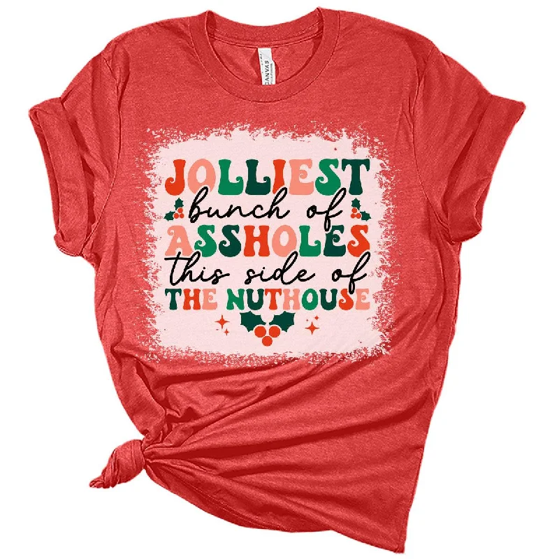 Jolliest Bunch of Acorns Christmas Shirts for Women Graphic Bleach Print T-Shirt Zippered Front Buttoned Front Snap Front