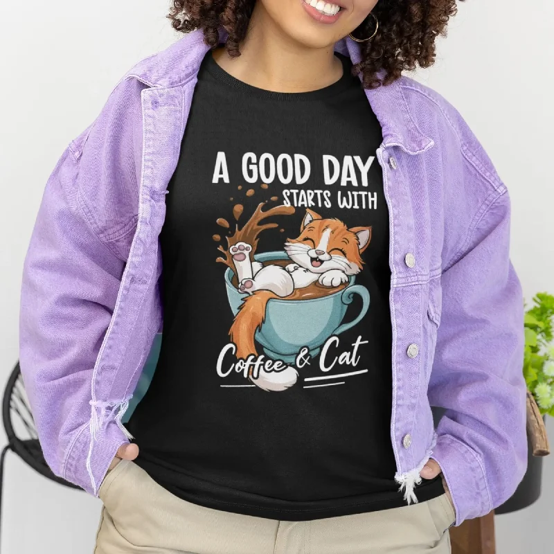 Coffee & Cat Round Neck Half Sleeve Classic T-Shirt Spandex Blend Rayon Blend Denim Blend Coffee & Cat Round Neck Half Sleeve Classic T-Shirt Spandex Blend Rayon Blend Denim Blend