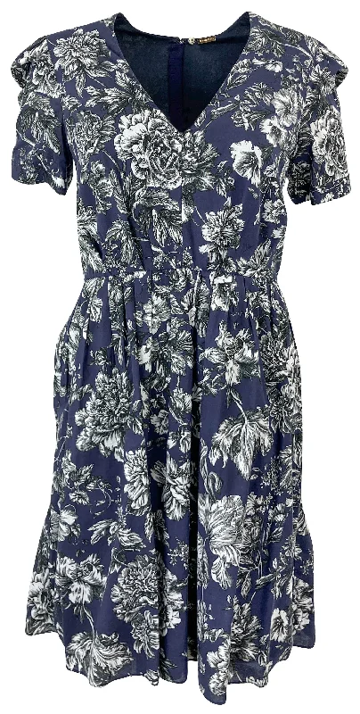 Adam Lippes V-Neck Pleated Mini Dress in Navy Floral Stylish Floral Print Mini Dress