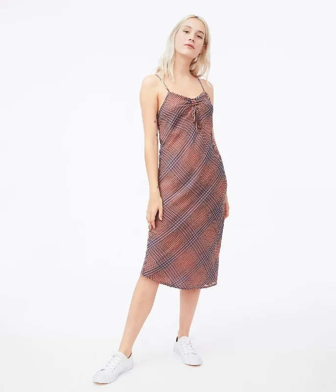 Aeropostale Plaid Cinched-Neck Midi Dress Fashionable Pleated Midi Dress