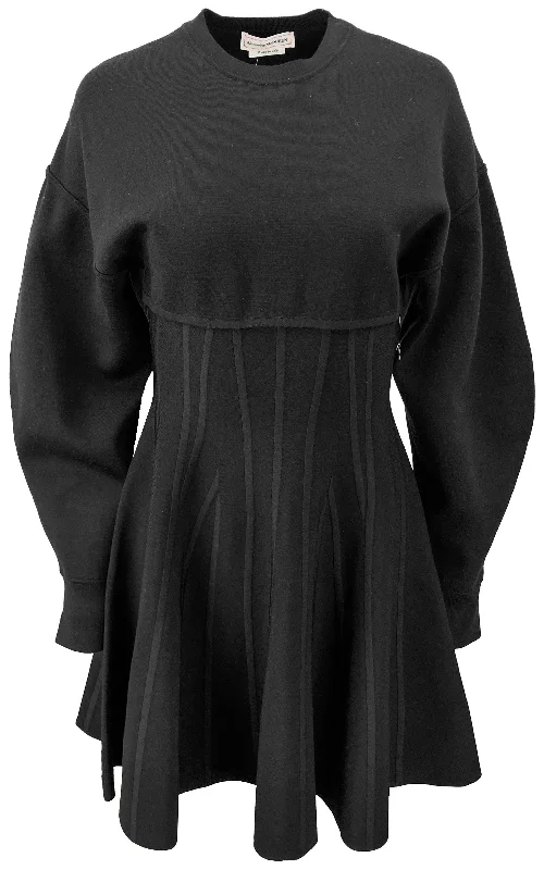 Alexander McQueen Long Sleeve Flared Mini Dress in Black Fashionable Pleated Mini Dress