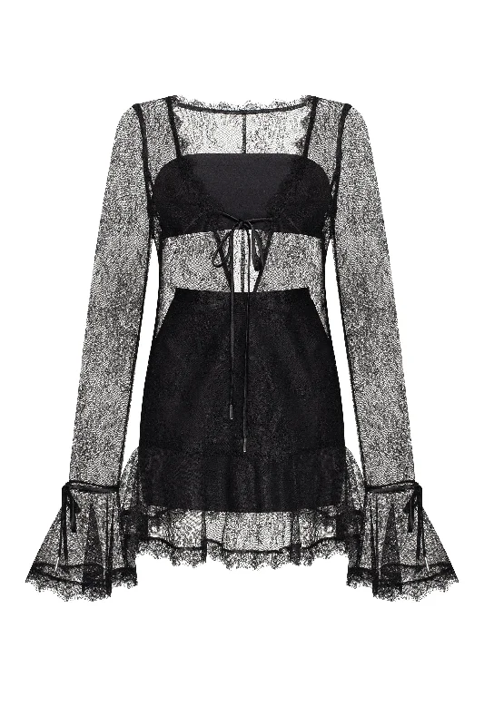 Alluring semi-transparent lace mini dress in black, Xo Xo Chic Sleeveless Mini Dress