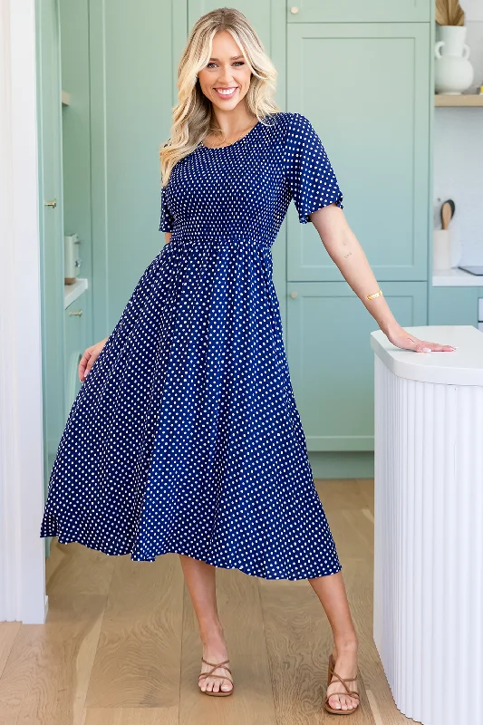 Annalee Midi Dress Navy White Mini Spot Elegant Velvet Midi Dress