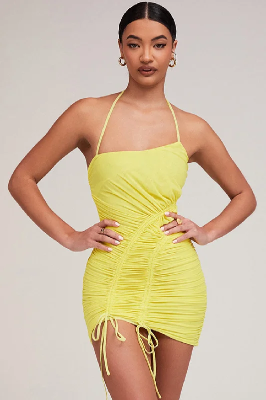 Asymmetric Drawstring Ruched Mesh Bodycon Mini Dress - Yellow Stylish Summer Mini Dress