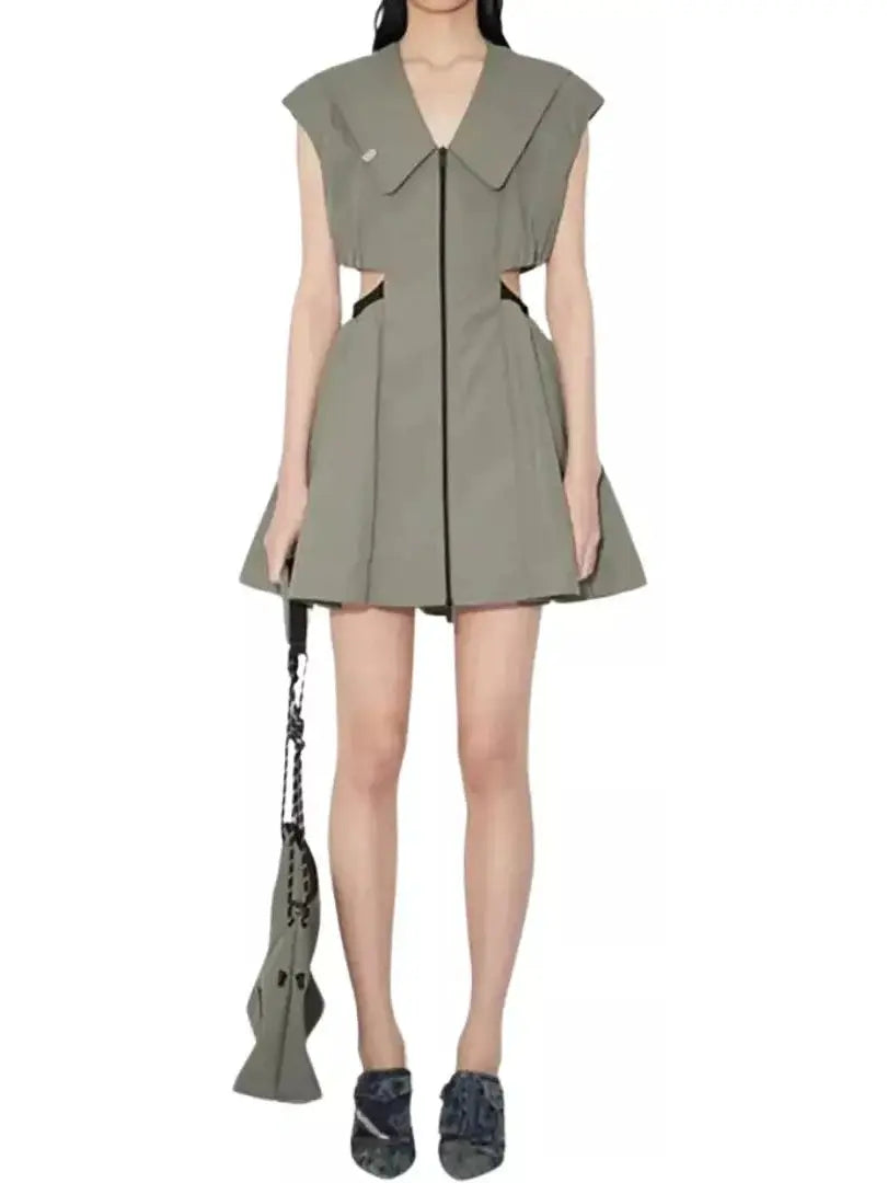 Backless Cut-Out Olive Green Flared Mini Dress Comfortable Linen Mini Dress