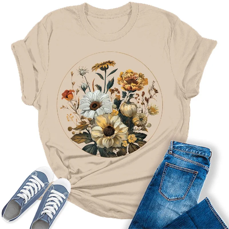 Beautiful Flowers Circle Graphic Tees For Women Mesh Fabric Canvas Fabric Denim Fabric