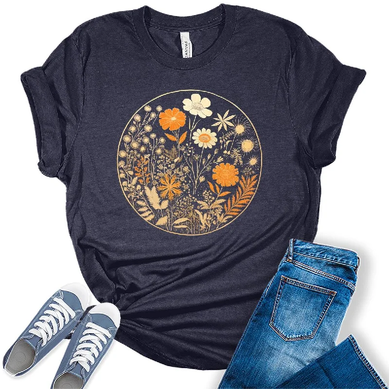 Beautiful Wildflower Circle Graphic Tees For Women Fitted T-Shirt Seamless Stretchy