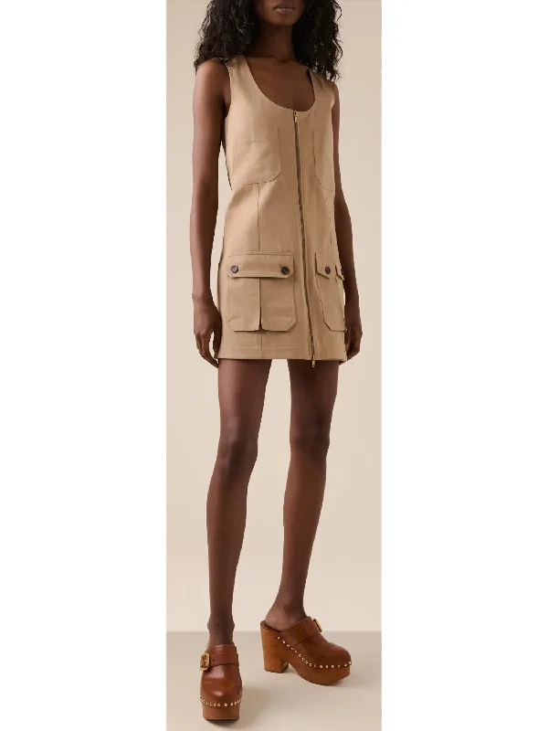 Beige Zipped Utility Cotton Cargo Mini Dress Elegant Mini Dress with Pleats