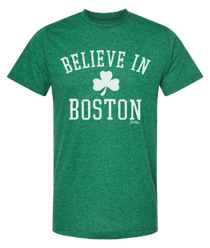 Believe In Boston (classic shamrock) Heather Green T-Shirt Elasticated Padded Insulated Believe In Boston (classic shamrock) Heather Green T-Shirt Elasticated Padded Insulated