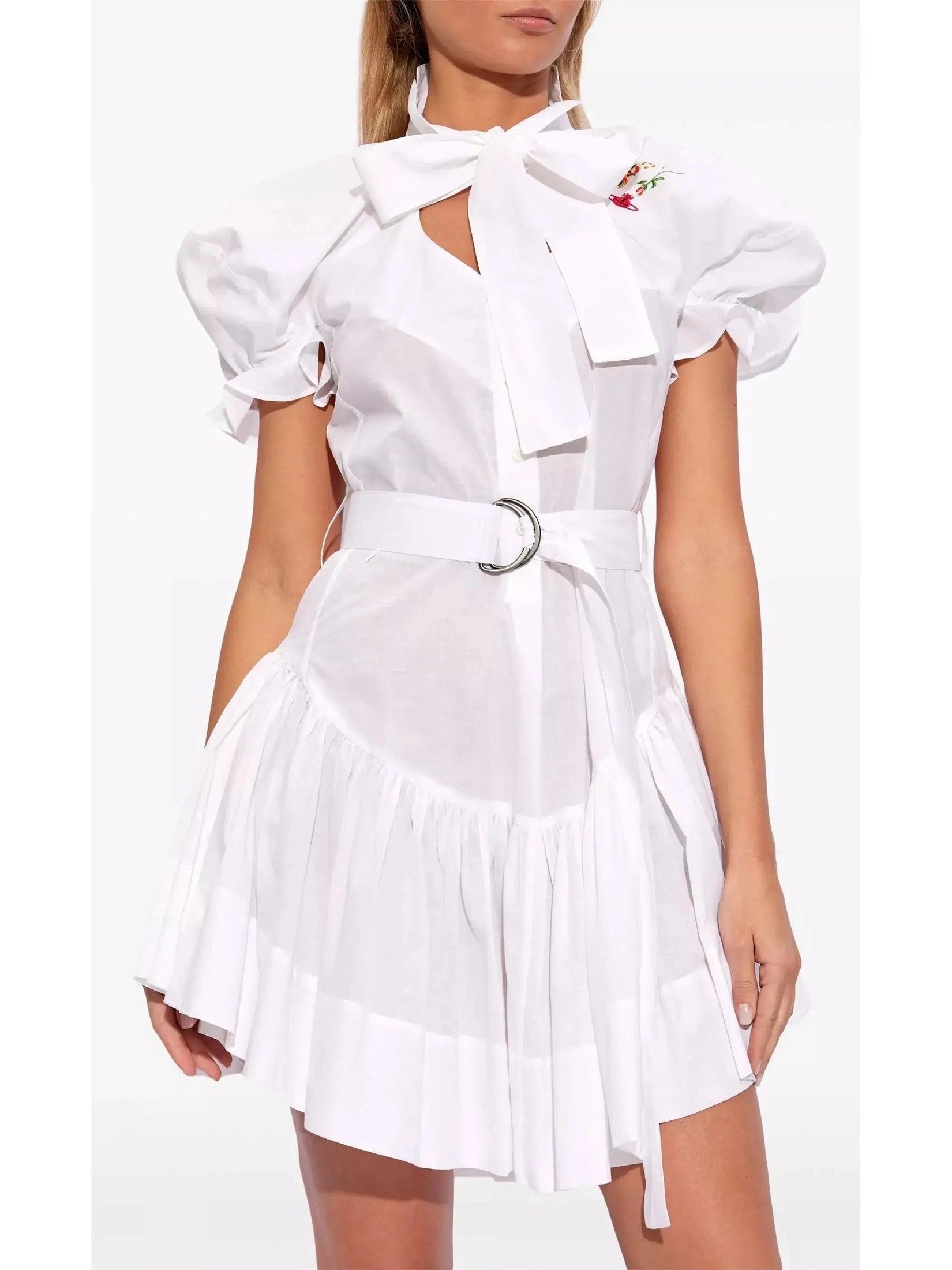 Belted Floral-Embroidered White Cotton Mini Dress Trendy Button-Detail Mini Dress