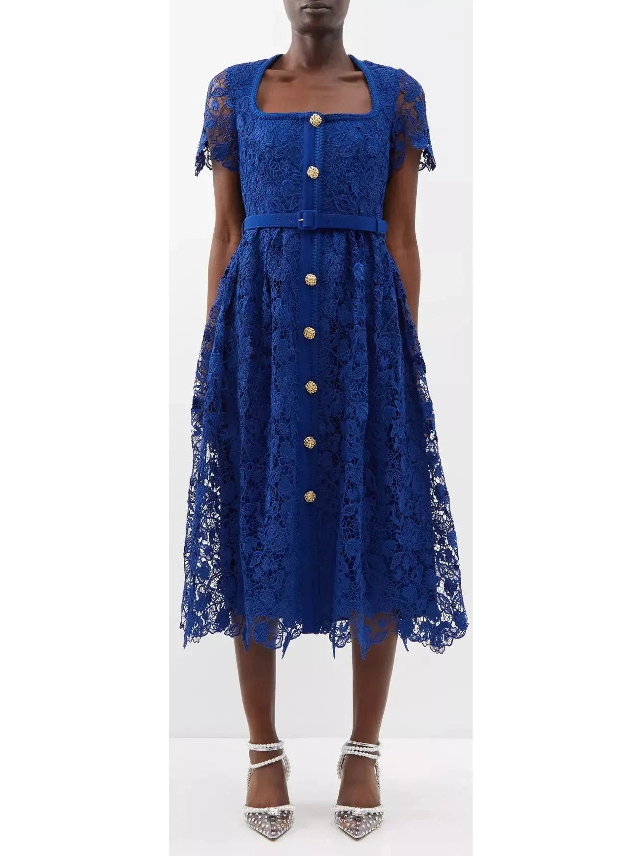 Belted Guipure-Lace Midi Dress, Blue Comfortable Ruched Midi Dress