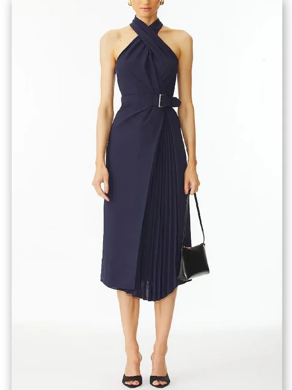 Belted Halter-Neck Pleated-Panel Midi Dress in Navy Stylish Silk Midi Dress