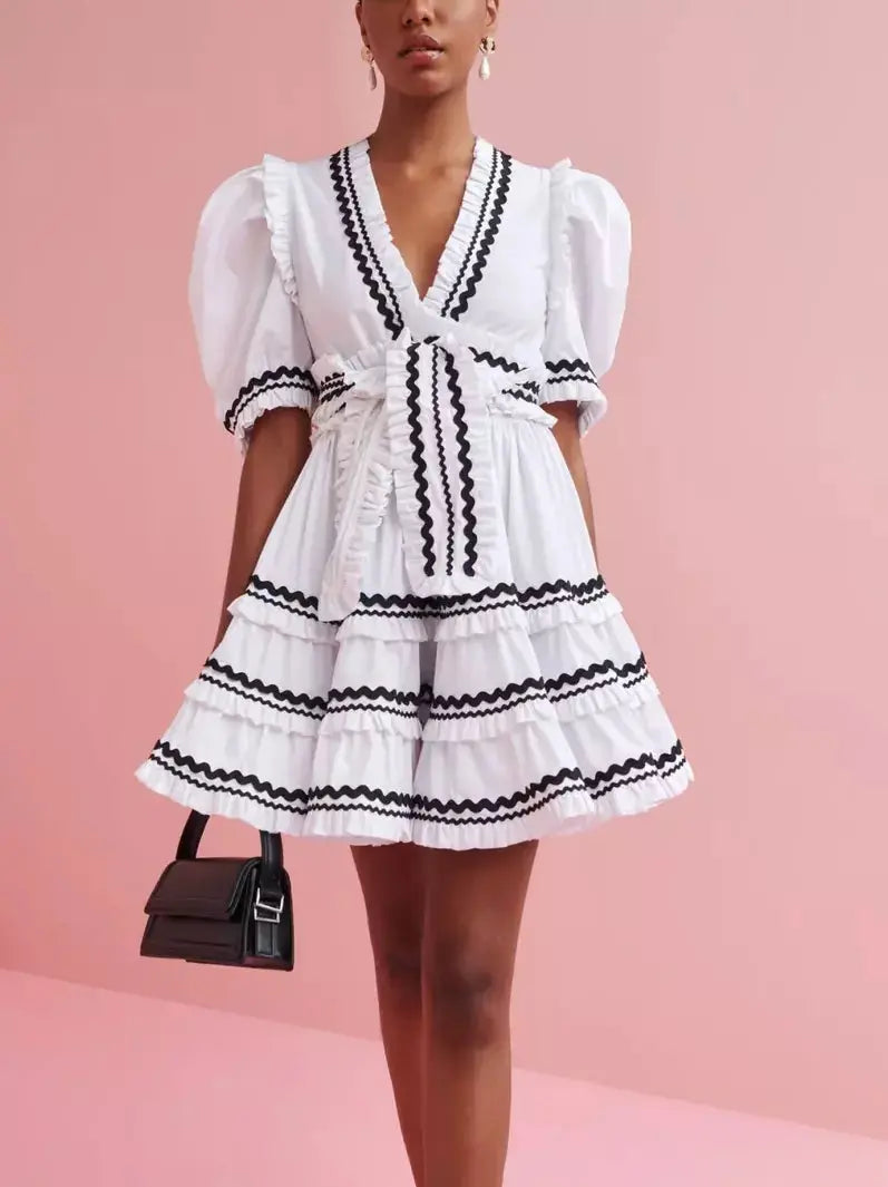 Belted V-Neck A-Line Mini Dress in White and Black Trendy Floral Mini Dress