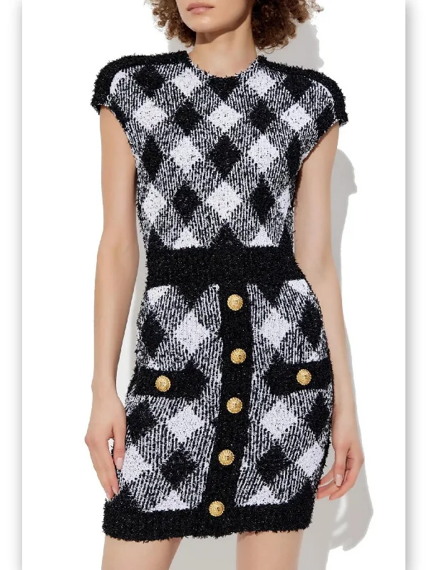 Black and White Diamond-Pattern Knit Mini Dress Modern Satin Mini Dress