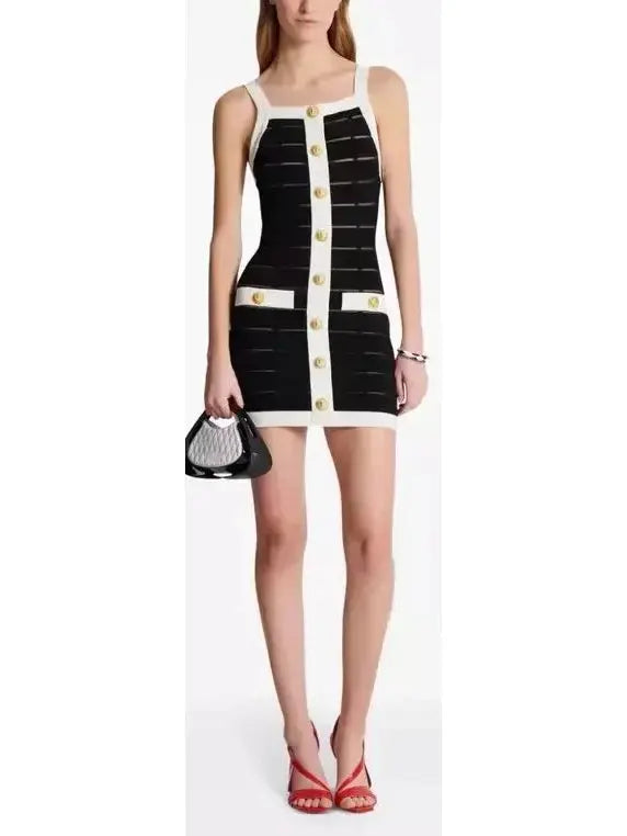 Black and White Sheer Panel Buttoned Tank Mini Dress Comfortable Wrap Mini Dress