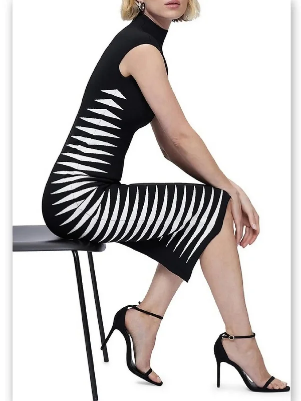 Black and White Side-Stripe Mock-Neck Midi Dress Stylish Pleated Skirt Midi Dress