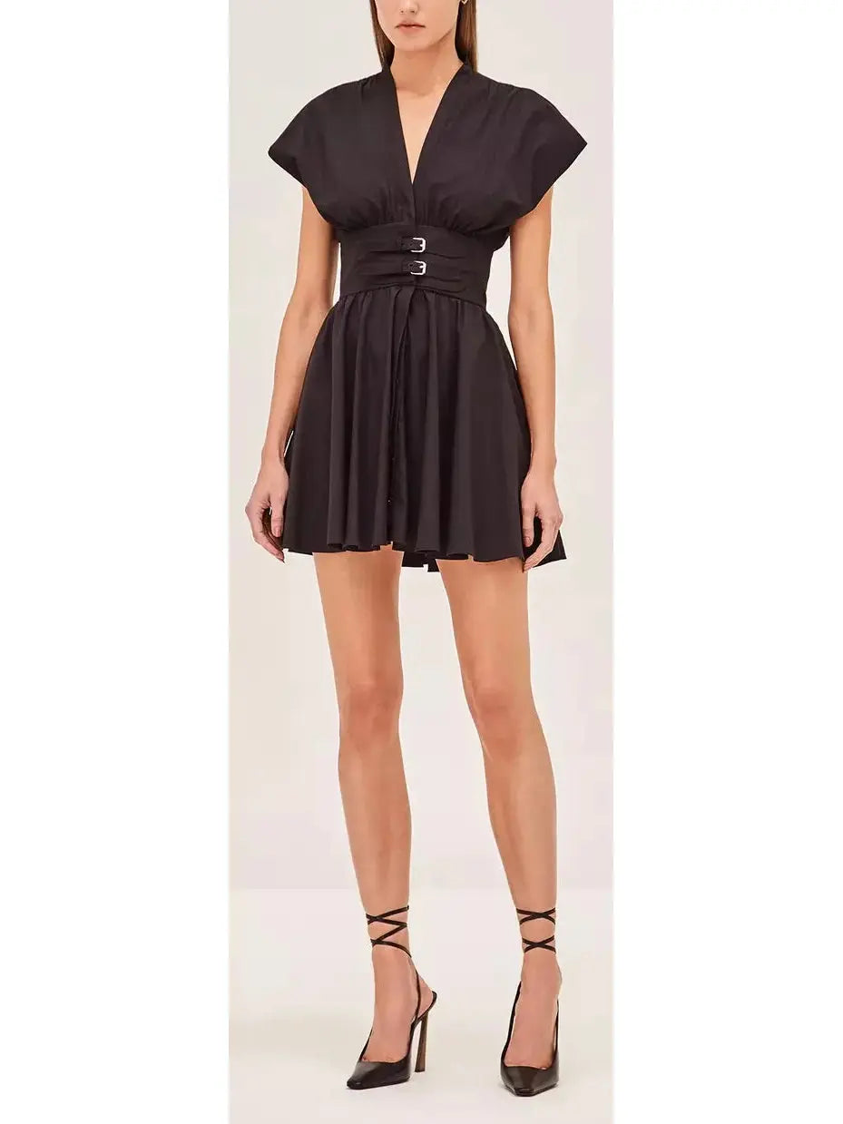 Black Concealed Button-Down V-Neck Double-Belted Mini Dress Trendy Tie-Dye Mini Dress