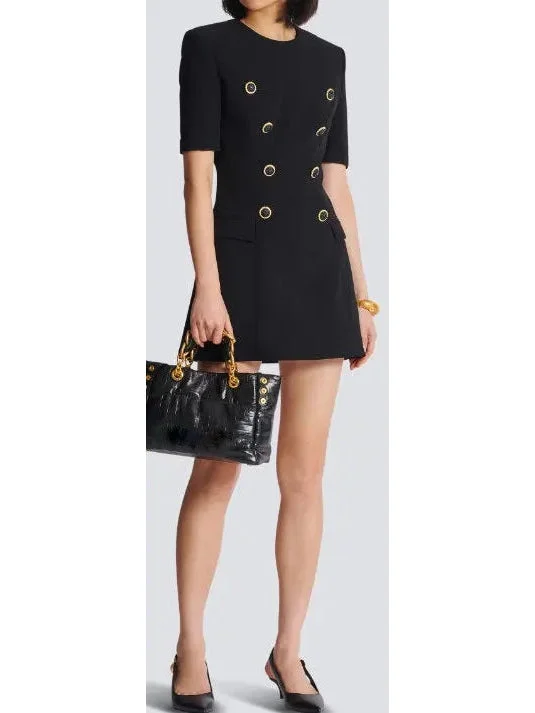 Black Crepe Eight-Button Mini Dress Stylish Ribbed Mini Dress