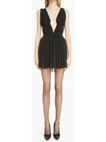 Black Pleated Open-Back Mini Dress Chic Mini Dress with V-Neck