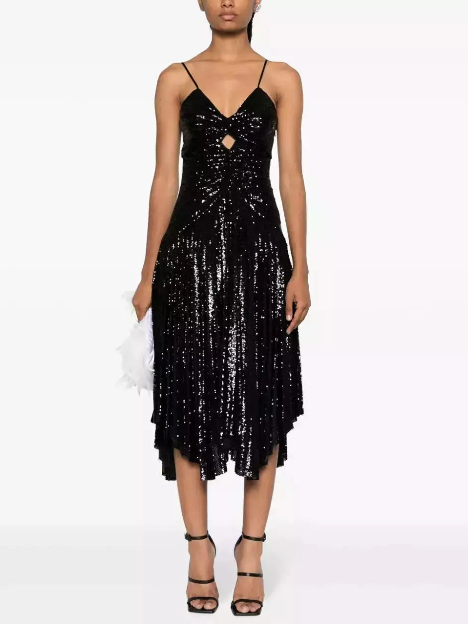 Black Sequin-Embellished Gathered Pleated Midi Dress Cozy A-Line Midi Dress