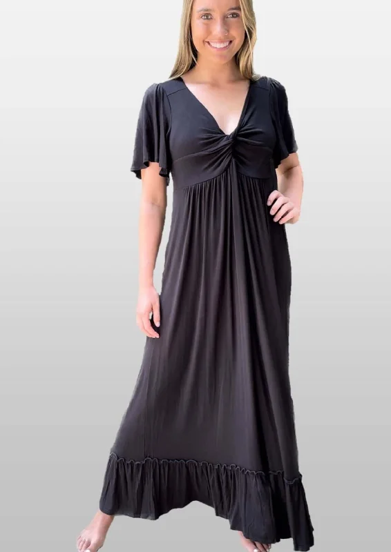 Black V-Neck Maxi Dress With Flutter Sleeves Made in USA Comfortable Flowy Maxi Dress Black V-Neck Maxi Dress With Flutter Sleeves Made in USA Comfortable Flowy Maxi Dress